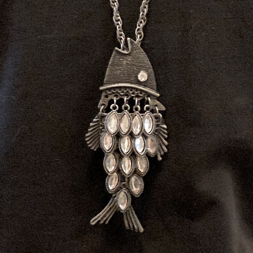 Ethel and myrtle silver fish with clear rhinestone necklace
